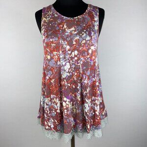 LOGO By Lori Goldstein Womens US XS Printed Knit Tunic Tank Top Lace Trim Hem